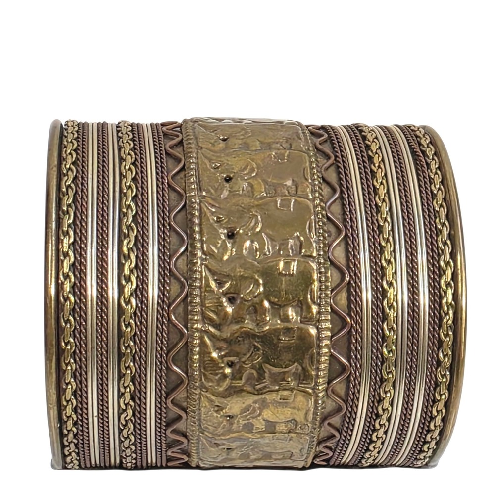 Vintage Copper wide Cuff Bracelet Elephant Repoussé Mix Metal Twisted Wire